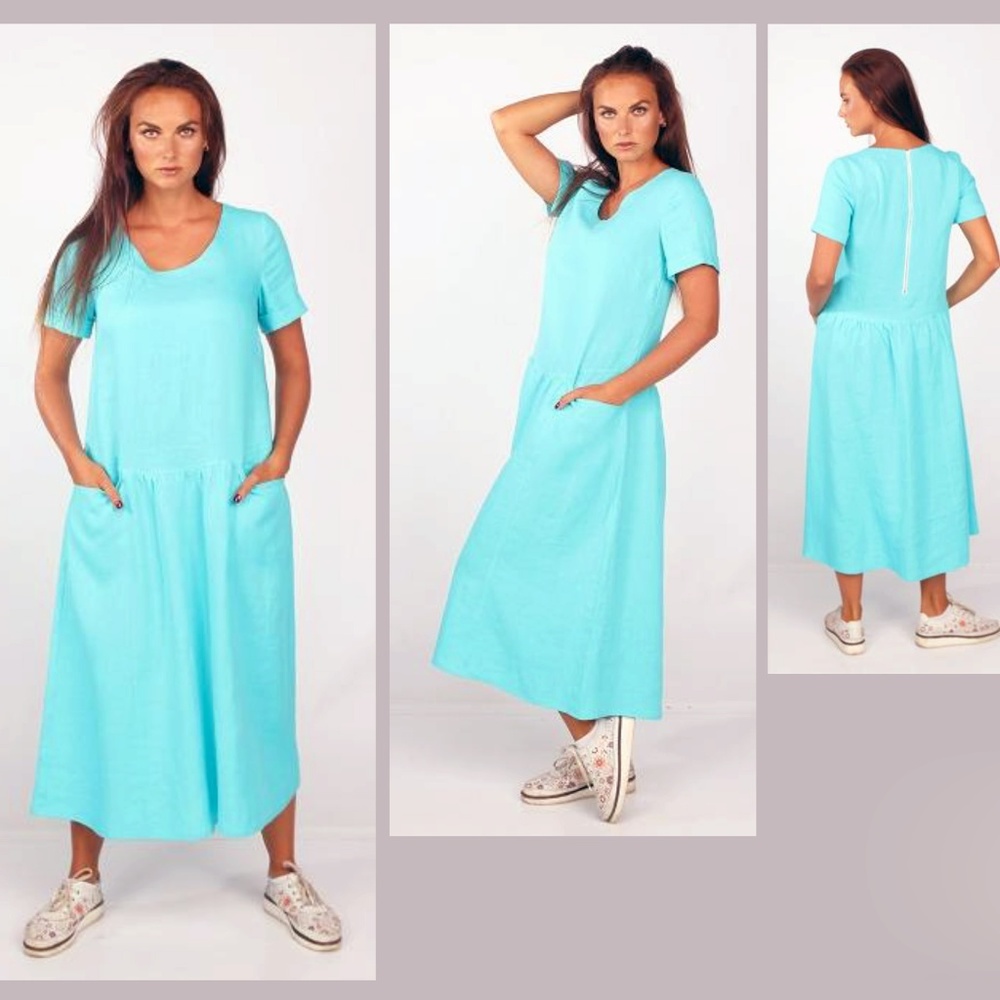 BABY BLUE EUROPEAN LINEN DRESS with Pockets, Loose Style